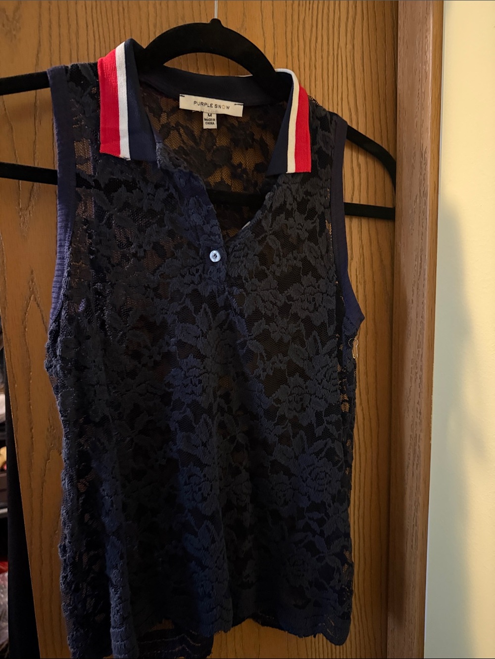 Purple Snow Navy Lace Polo Tank with Red-Trim Collar